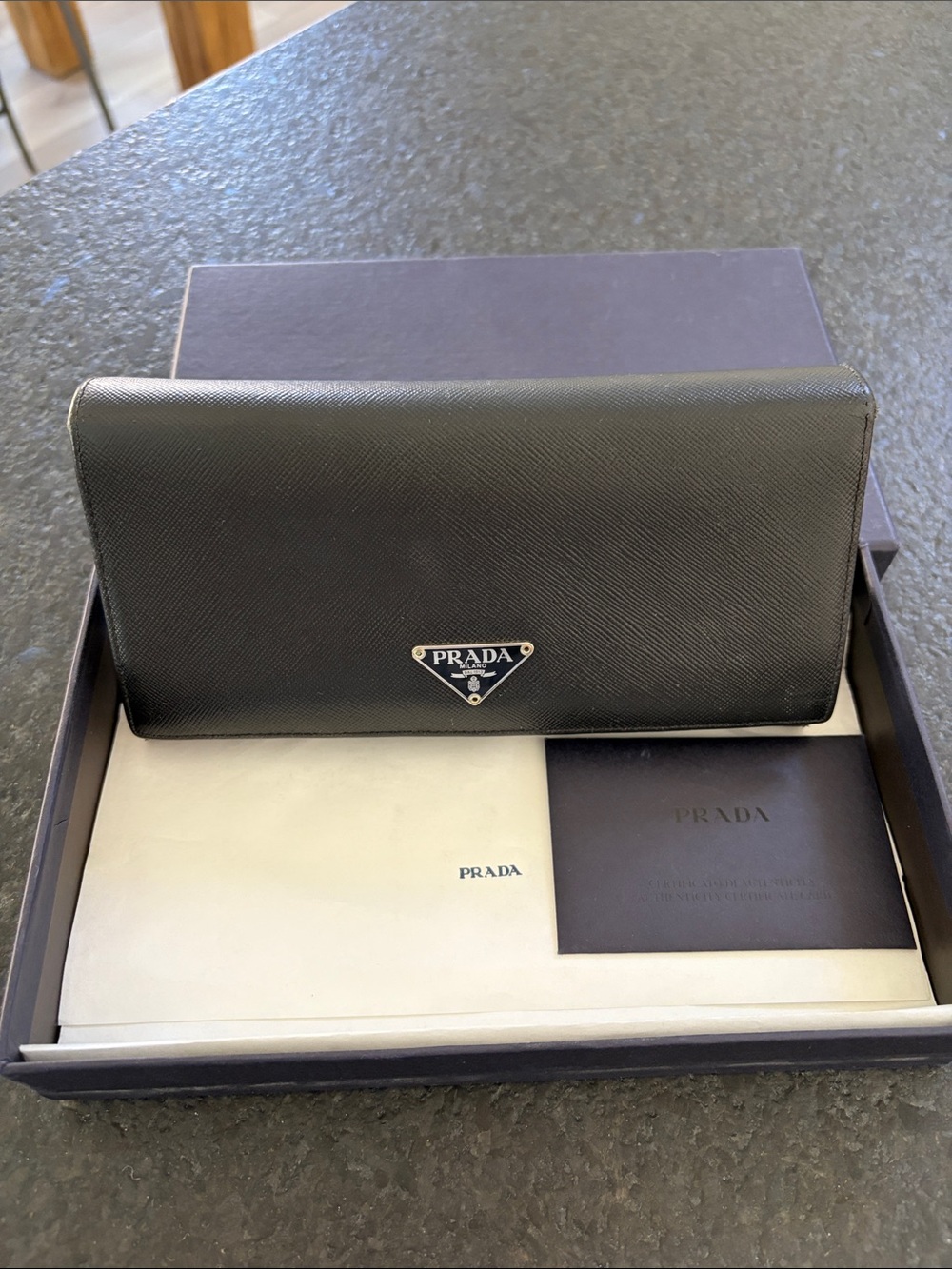 Prada Black Saffiano Triangular Logo Continental Wallet